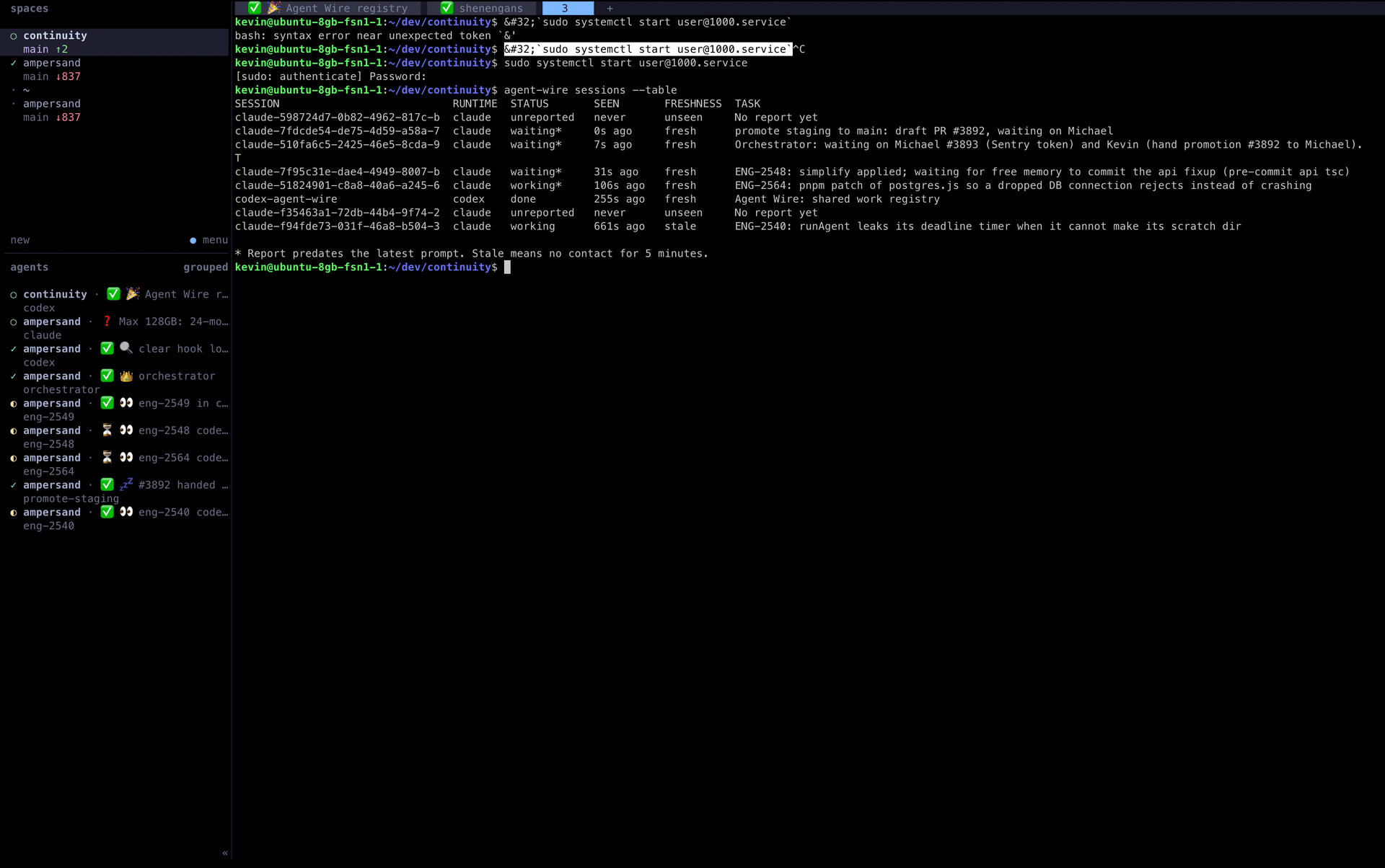 agent wire's shared work list in a terminal, with claude and codex sessions and their latest task reports